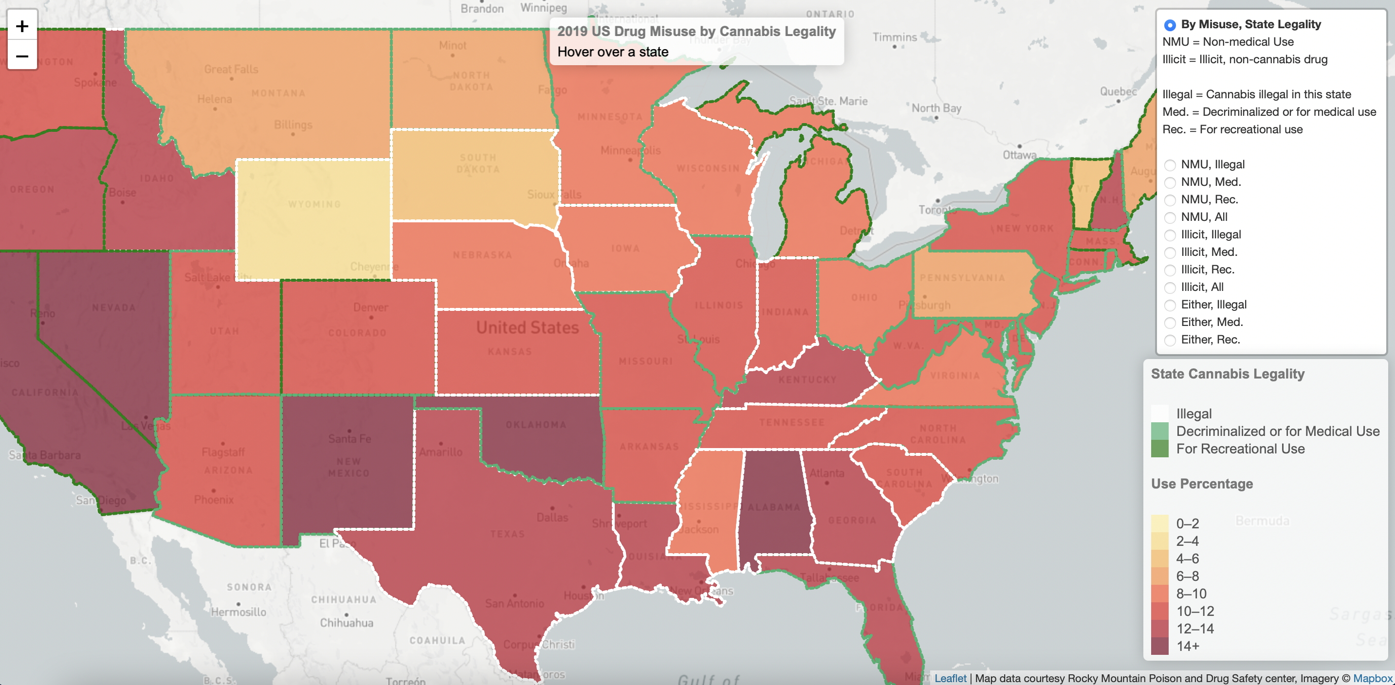 Map of 2019 US State Drug Misuse by Cannabis Legality